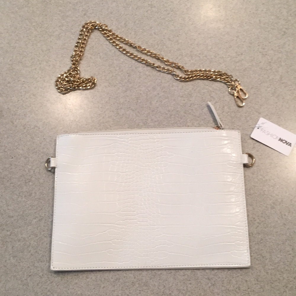 White Large Snakeskin Clutch with Gold Chain